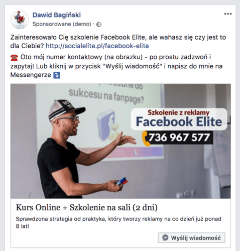 triki reklamowe - przykład reklamy kursu facebook elite, w której obraz jest po lewej stronie, a tekst po prawej