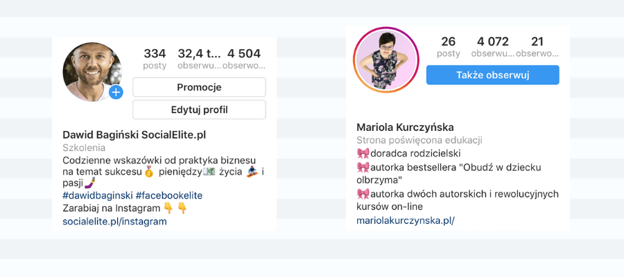 jak prowadzić instagrama firmy - przykład bio na profilu Dawida Bagińskiego i Marioli Kurczynskiej