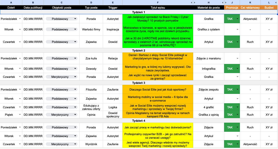 Content plan - przykład